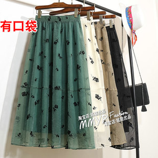 流行高级植绒印花纱裙绿色a字欧根纱半身裙女夏季小个子半裙长裙