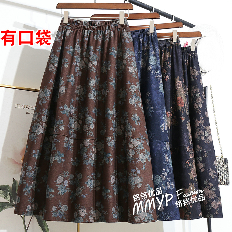 秋冬复古中式国风印花半身裙女冬季2025新款A字大摆裙子伞裙长裙
