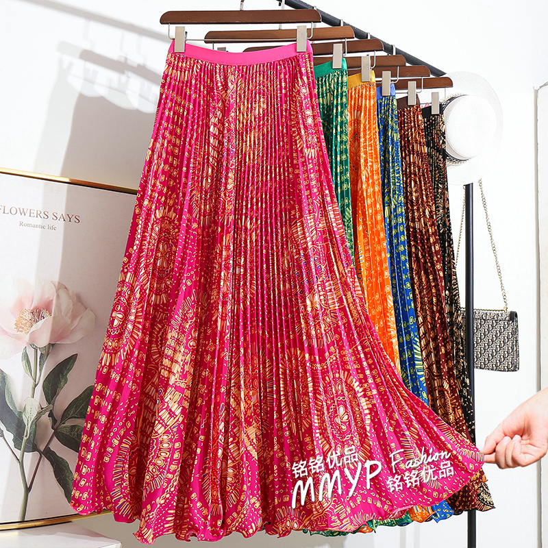 巨好看玫红色碎花百褶裙半身裙