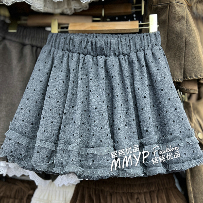 蕾丝花边波点毛呢短裙半身裙