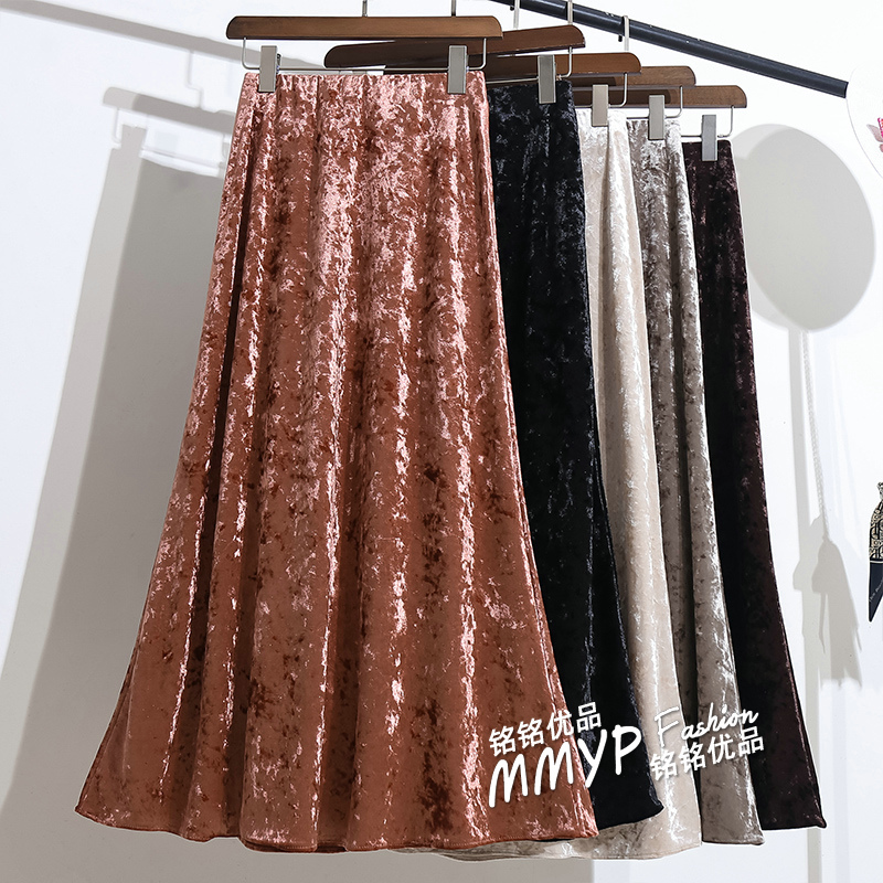 高端复古光泽金丝绒鱼尾半身裙