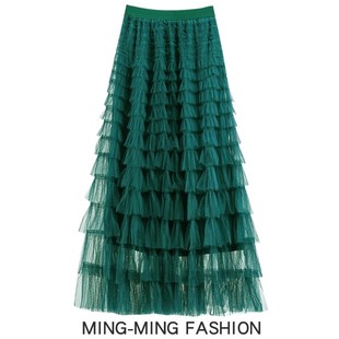秋季新款墨绿色网纱蓬蓬蛋糕裙半身裙女2025新款网纱裙子长裙半裙