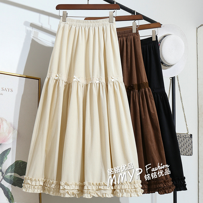 森系木耳边拼接丝绒半身裙