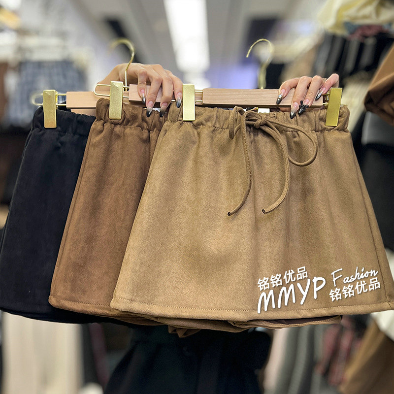 复古休闲抽绳系带绒面半身裙