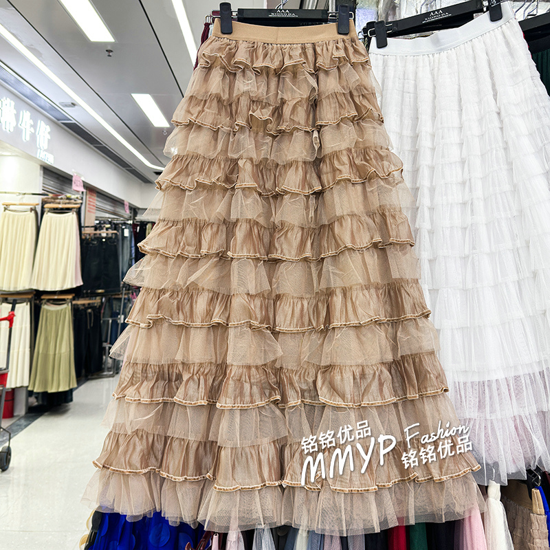 卡其色拼接层层网纱裙蛋糕裙半身裙女秋冬2025新款蓬蓬纱裙长裙子