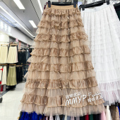 春季 粉色蓬蓬长裙子 高级卡其色网纱裙纱裙蛋糕裙半身裙女2026新款