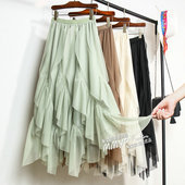 春季 裙子小个子黑色网纱半裙长裙 绿色不规则纱裙半身裙女2026新款