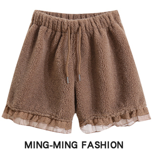 阔腿裤 2025新款 子冬 配靴子女外穿冬季 秋冬加厚保暖花边毛茸茸短裤