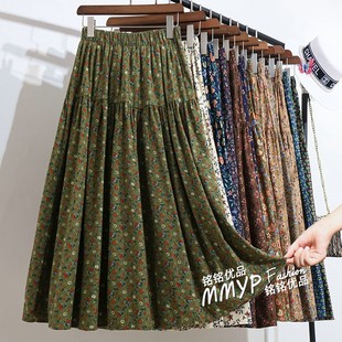 冬季 棉裙子半裙长裙 复古文艺森系绿色磨毛碎花半身裙女秋冬新款