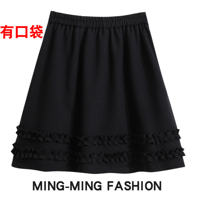 秋冬款加厚木耳边毛呢半身裙女冬季新款小个子黑色a字裙短裙伞裙