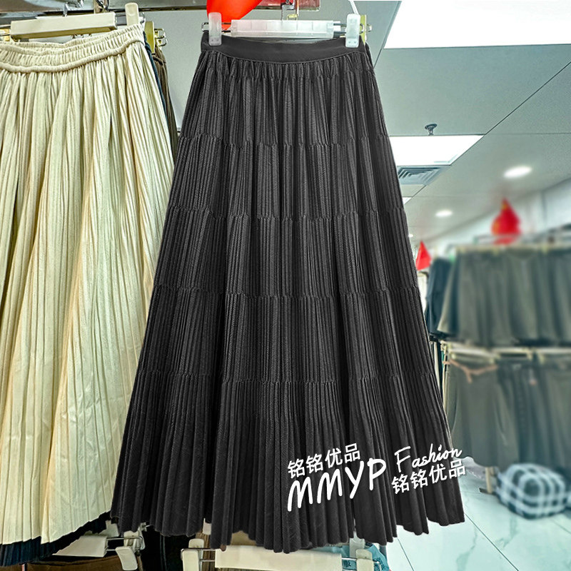 冬季黑色复古条绒褶皱蛋糕半身裙女秋冬2025新款高腰显瘦裙子百褶