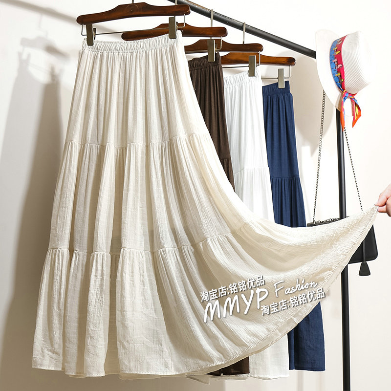 中式长款杏色禅意仿棉麻蛋糕裙女夏季2025新款小个子黑色裙子长裙