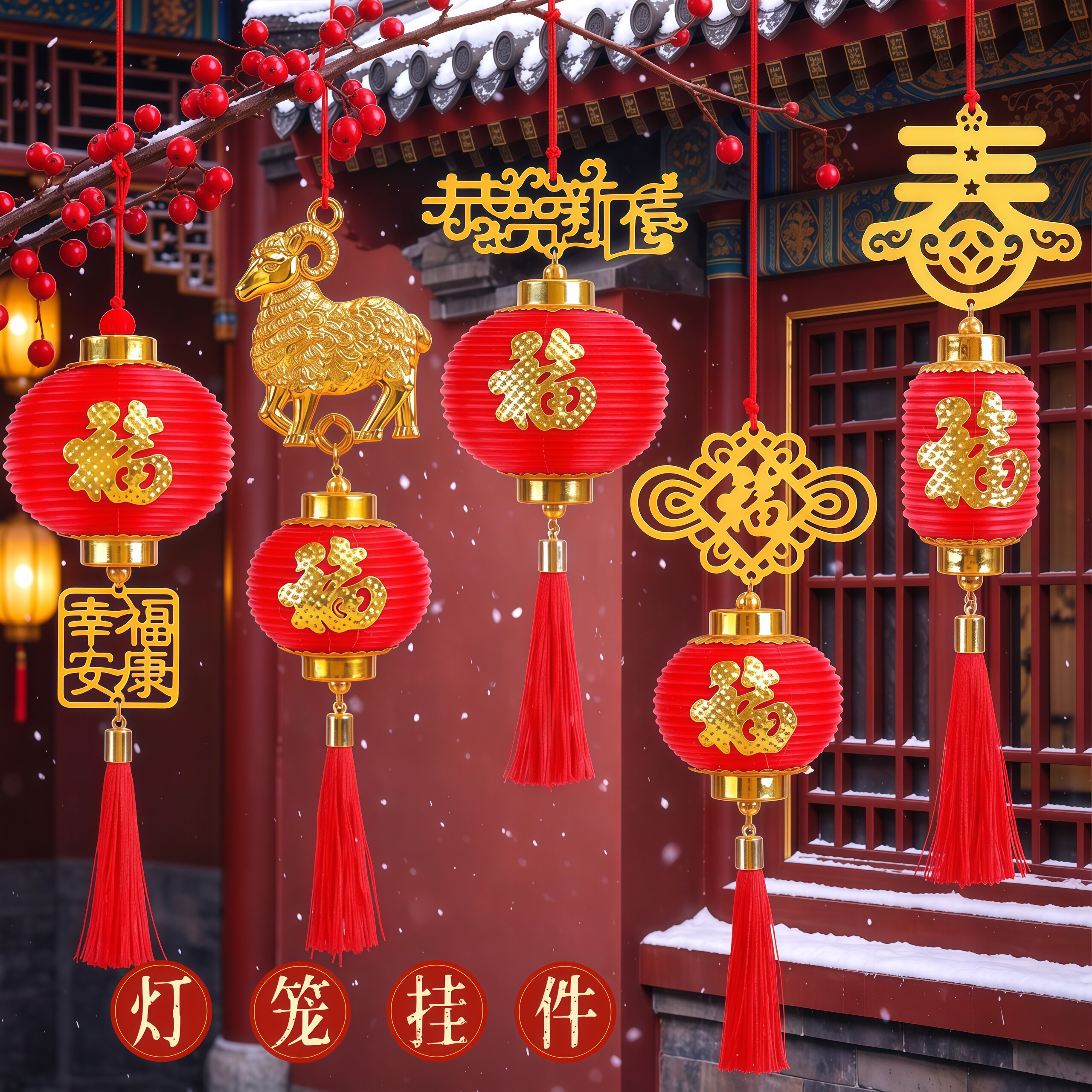 羊年新年螺纹灯笼小号挂件室内玄关绿植喜庆商场公司春节装饰布置
