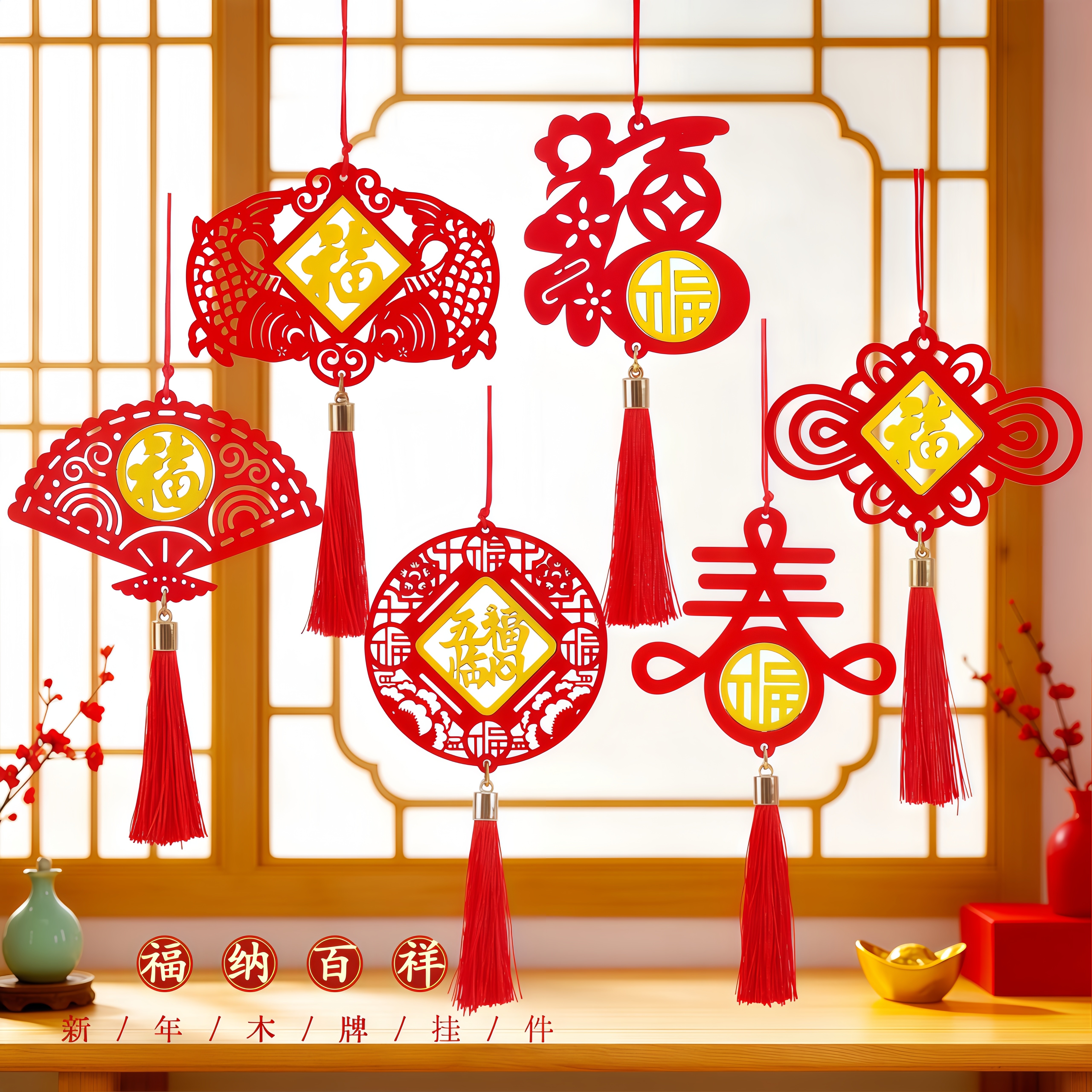 羊年春节新年街道盆景树木挂饰玄关双色木牌过年绿植公司布置