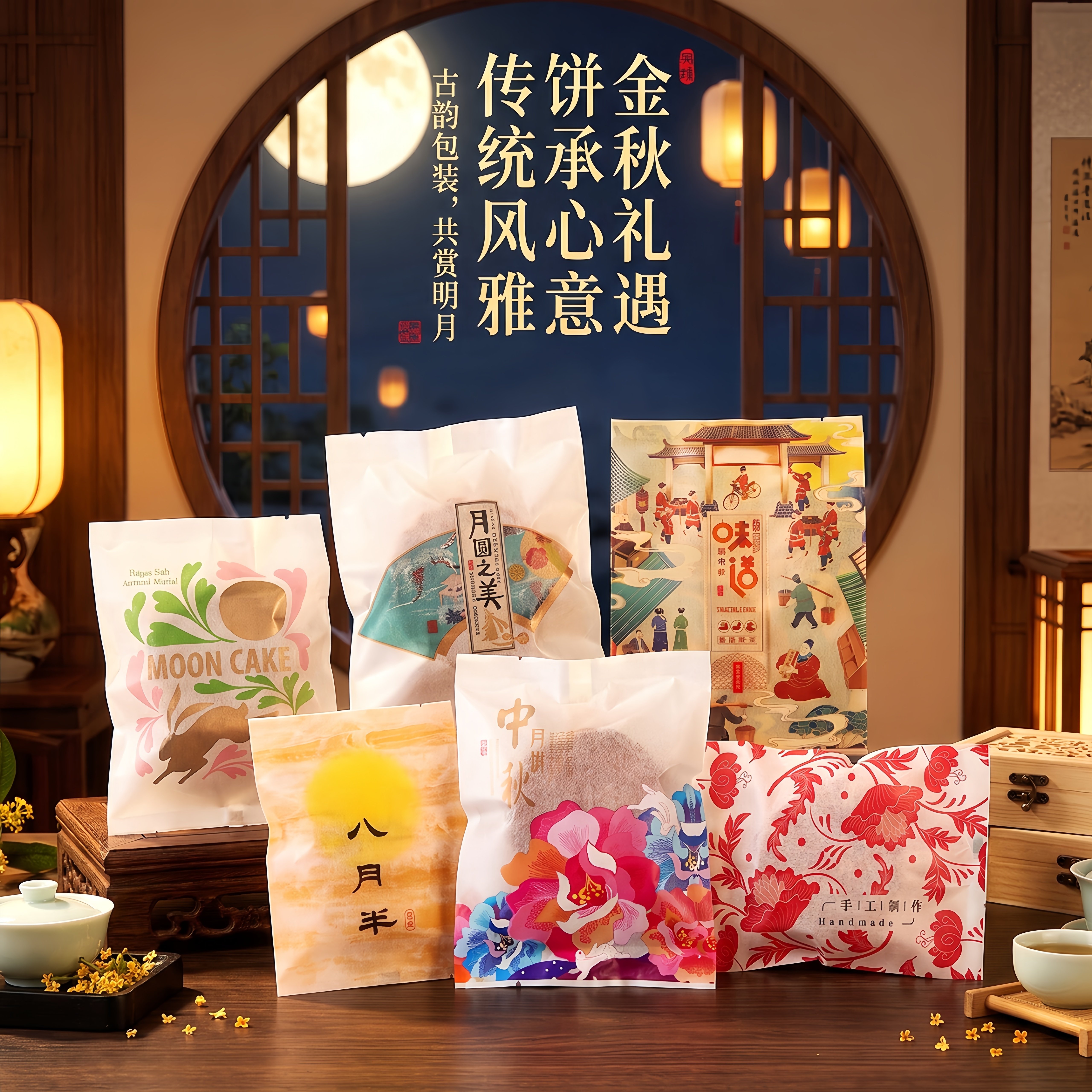 中秋月饼袋月饼包装袋吸塑盒月饼托棉纸月饼袋包装防油食品级