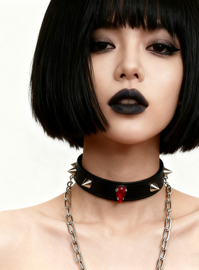 暗红钻装饰朋克风铆钉choker皮质项圈女锁骨链甜酷女孩辣妹脖颈链