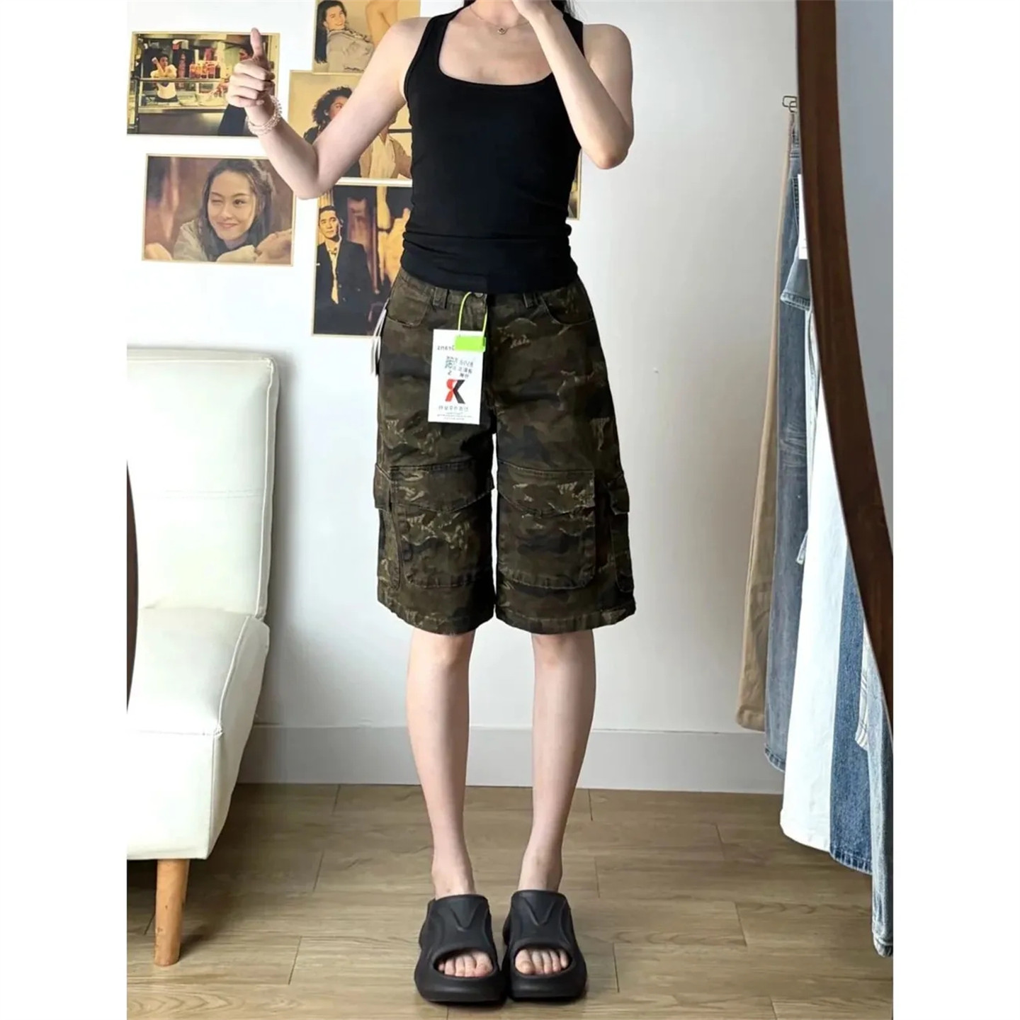 美式复古迷彩工装牛仔五分短裤图片