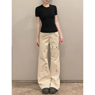 2025新款女式加长工装裤直筒牛仔裤春秋显瘦微喇裤女款口袋宽松