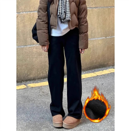 黑色窄版直筒牛仔裤女冬季新款加绒加厚高腰修身显瘦烟管裤长裤潮