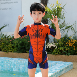 8岁10短袖 速干游泳衣带泳帽 4蜘蛛侠连体泳衣儿童卡通泳装 男童2
