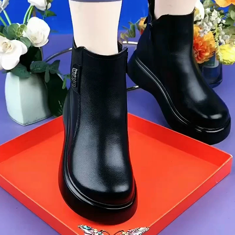 真皮加绒松糕厚底马丁靴女秋冬