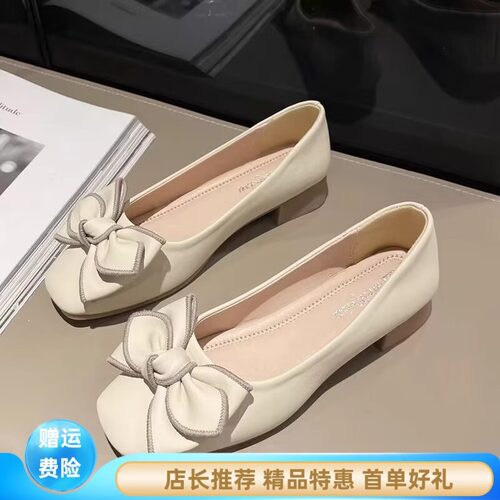 品牌鞋真皮方头浅口单鞋女2025年春夏新款蝴蝶结豆豆鞋孕妇平底鞋