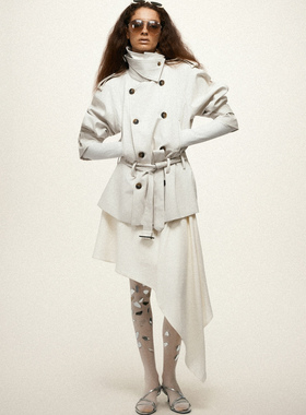 Undulate 挺括面料 羊毛内里 双排扣立领 猎装中长款风衣外套