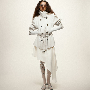 Undulate 挺括面料 羊毛内里 双排扣立领 猎装中长款风衣外套