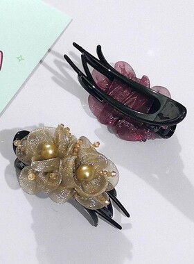 跨境韩系花朵珍珠抓夹妈妈款固定头发三齿鸭嘴夹时尚潮流发夹发饰