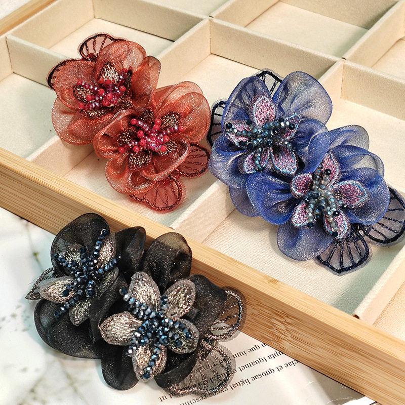 新款鸭嘴夹后脑勺头饰盘发饰品布艺绢纱花朵发卡气质妈妈抓夹发夹