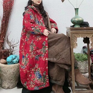 棉衣复古东北大花棉服 民族风印花连帽夹棉中长款 抖音同款 秋冬新款