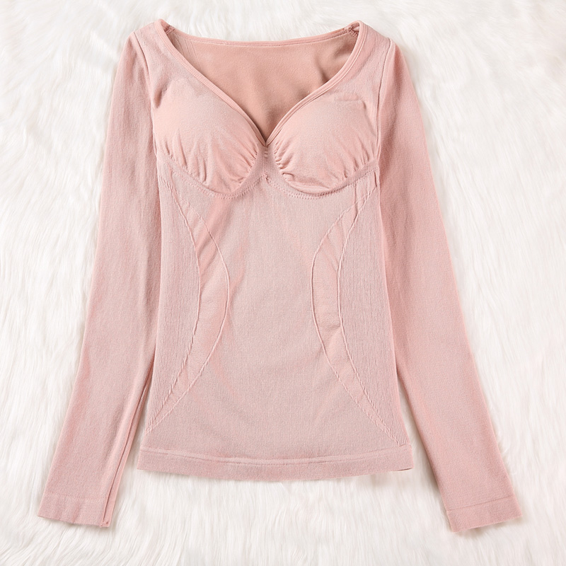 长袖学生紧身v领带胸垫保暖内衣