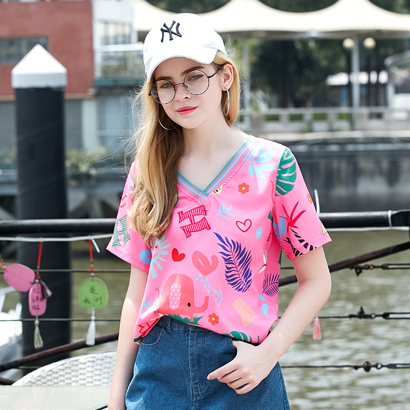 限时抢购2019夏装新款v领印花雪纺衫女t恤