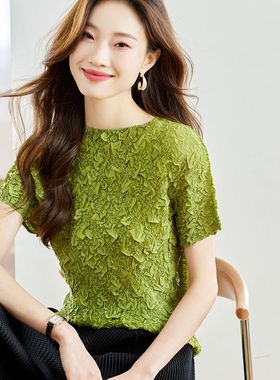 88151气质显瘦夏季上衣 短袖T恤衫 修身高弹大胖子160斤可穿 三宅