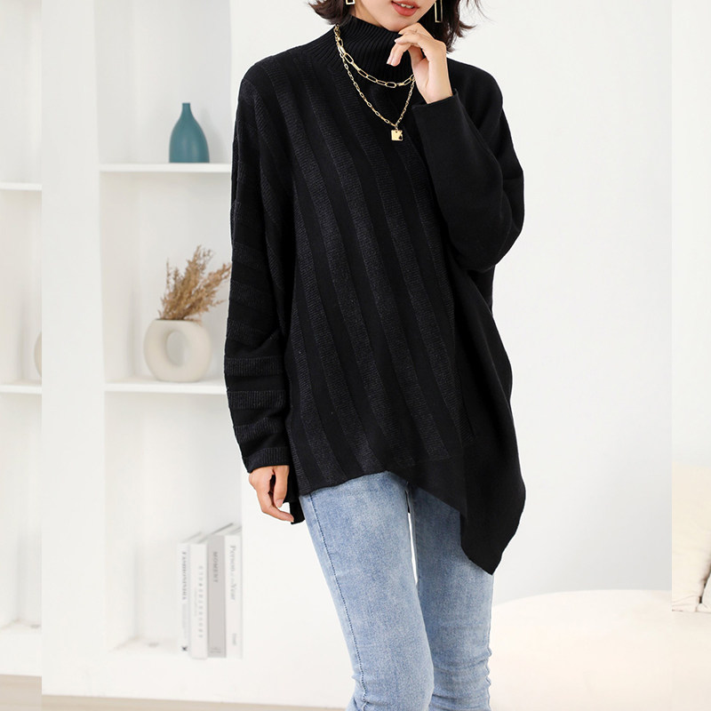 秋冬新款半高领针织斗篷中长款宽松蝙蝠袖毛衣女时尚不规则打底衫