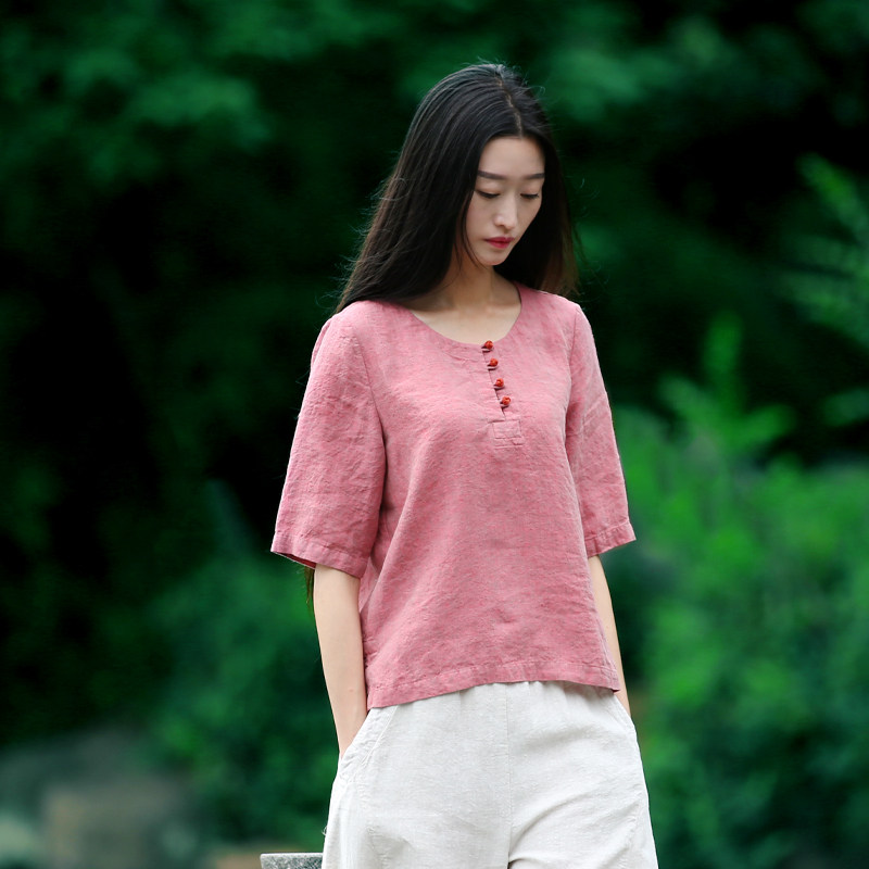 古石后原创正肩短袖女t恤夏季亚麻直筒显瘦减龄上衣休闲百搭衬衫
