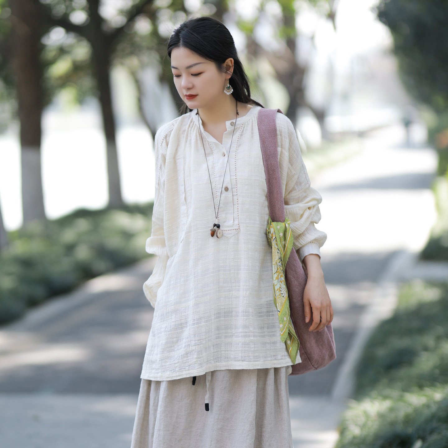 古石后原创长袖衬衫上衣女春夏纯棉薄款大码宽松圆领提花套头衫