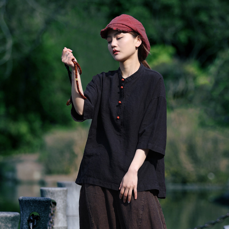 古石后原创布衣黑色亚麻短袖衬衫女夏季百搭休闲宽松大码套头上衣