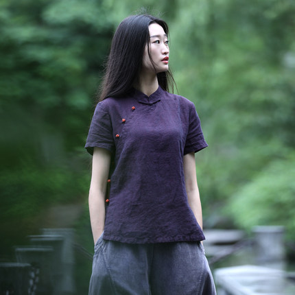 古石后原创中式国风亚麻上衣女夏季斜襟立领盘扣茶服收腰短袖衬衫