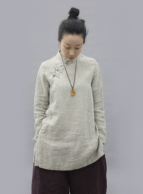 古石后原创布衣复古棉麻中国风盘扣亚麻衬衫中式禅修服茶艺上衣女