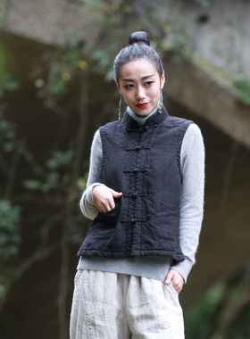 古石后原创新中式国风棉马甲女秋冬复古对襟外穿黑色保暖夹棉外套