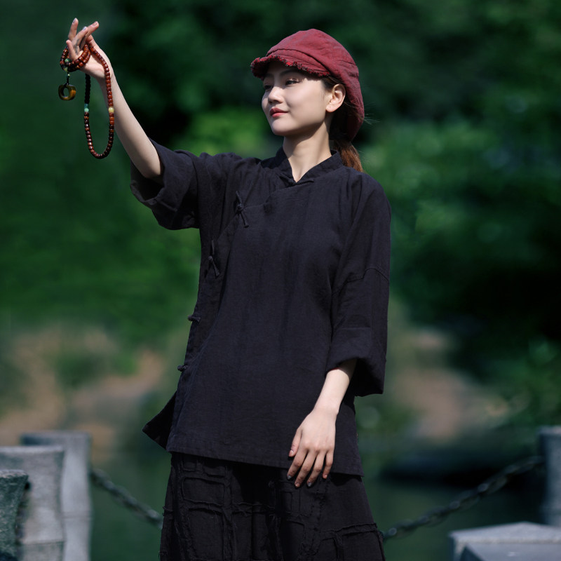 古石后原创黑色亚麻布衣中式复古宽松立领斜襟上衣茶服衬衫初秋女