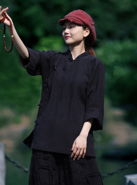 古石后原创黑色亚麻布衣中式复古宽松立领斜襟上衣茶服衬衫初秋女