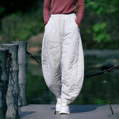 女秋冬亚麻棉裤 双层棉麻裤 子宽松大码 古石后原创布衣休闲裤 灯笼裤