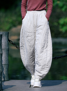 古石后原创布衣休闲裤女春秋亚麻棉裤双层棉麻裤子宽松大码灯笼裤