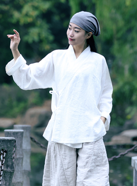 古石后原创衬衫汉服白色传统右衽中式春秋外套日常亚麻禅修茶服女
