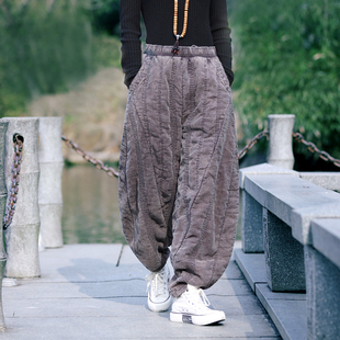 亚麻做旧加厚保暖夹棉灯笼裤 古石后原创布衣防寒外穿棉裤 男女冬季