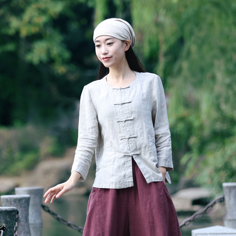 古石后2023年新款亚麻衬衫上衣女