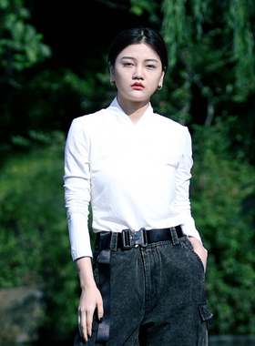 古石后原创布衣t恤女长袖v领棉麻白色内搭打底衫弹力修身百搭上衣