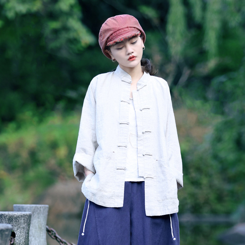 古石后原创布衣亚麻衬衫女上衣春秋季晨练太极服中式对襟开衫外套